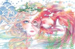 Rule 34 | 1girl, air bubble, animal, blue eyes, bubble, fish, goldfish, ineko, lips, long hair, looking at viewer, multicolored hair, orange hair, original, parted bangs, plant, portrait, solo, white background