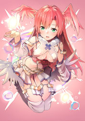 Rule 34 | 10s, 1girl, blush, boots, breasts, byte (allbyte), feathered wings, full body, green eyes, hand up, head wings, highres, legs together, long hair, medium breasts, midriff, navel, open mouth, parted bangs, pink hair, pleated skirt, showgirl skirt, skirt, solo, teeth, thighhighs, thighs, underboob, white skirt, white thighhighs, white wings, wings, wixoss
