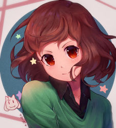 Rule 34 | 1other, androgynous, artist name, asriel dreemurr, black shirt, bob cut, brown hair, chara (undertale), chinese commentary, collarbone, collared shirt, da luode, film grain, green sweater, red eyes, shirt, shirt under sweater, short hair, signature, simple background, smile, spoilers, star (symbol), striped clothes, striped shirt, striped sweater, sweater, undertale, upper body