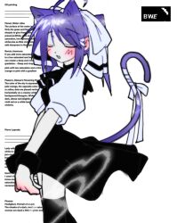 Rule 34 | 1girl, ahoge, animal ears, black dress, black thighhighs, blush, cat ears, cat girl, cat tail, closed eyes, cowboy shot, double exposure, dress, english text, from side, highres, izmi, medium hair, open mouth, original, puffy short sleeves, puffy sleeves, purple hair, ribbon, short dress, short sleeves, solo, standing, tail, tail ornament, tail raised, tail ribbon, text background, thighhighs, white background, wrist cuffs, zettai ryouiki