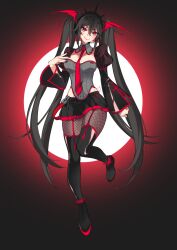 Rule 34 | 1girl, artist logo, bat wings, black hair, black nails, blush, boots, detached sleeves, enosst, fishnets, full body, hair between eyes, head wings, headset, highres, long hair, nail polish, necktie, red eyes, red necktie, smile, solo, thigh boots, twintails, very long hair, vocaloid, wings, zatsune miku