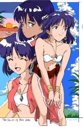 Rule 34 | 1girl, bandeau, bare shoulders, blue eyes, bracelet, closed mouth, dark skin, dark-skinned female, earrings, fushigi no umi no nadia, hair ornament, hairclip, highres, jewelry, loincloth, looking at viewer, midriff, nadia la arwall, neck ring, necklace, open mouth, purple hair, s aki0330, short hair, smile, solo, strapless, sunset, tube top, vest