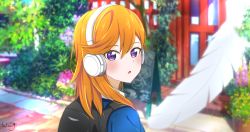 Rule 34 | 1girl, :o, absurdres, backpack, bag, blue cardigan, blush, bush, cardigan, close-up, collared shirt, feathers, flower, from behind, hair between eyes, headphones, highres, long hair, looking at viewer, looking back, love live!, love live! superstar!!, menu board, open mouth, orange hair, outdoors, purple eyes, satou-y, satou yuzuki, school uniform, shibuya kanon, shirt, signature, solo, upper body, white feathers, white shirt, yuigaoka school uniform, yuzuki satou