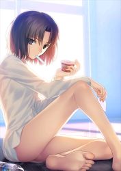 Rule 34 | 1girl, backlighting, bare legs, barefoot, black eyes, black hair, bottle, bottomless, dress shirt, fate/grand order, fate (series), feet, food, haagen-dazs, highres, ice cream, ice cream spoon, indoors, kara no kyoukai, knee up, looking at viewer, mouth hold, naked shirt, official art, ryougi shiki, shirt, short hair, sitting, soles, solo, spoon, takeuchi takashi, toes, utensil in mouth, window