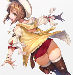 Rule 34 | 1girl, atelier (series), atelier ryza, atelier ryza 1, brown eyes, brown gloves, brown hair, brown thighhighs, commentary request, from behind, gloves, grey background, hair ornament, hairclip, hat, highres, looking at viewer, looking back, open mouth, outstretched arms, red shorts, reisalin stout, short hair, short shorts, shorts, simple background, single glove, solo, tarantulaines, teeth, thighhighs, thighs, upper teeth only, white hat, white thighhighs