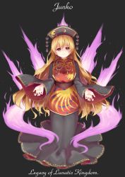 Rule 34 | 1girl, blonde hair, breasts, character name, closed mouth, copyright name, crescent print, dark background, dress, fiery tail, fox print, full body, gold trim, grey background, hair between eyes, hat, highres, junko (touhou), ksk (semicha keisuke), large breasts, legacy of lunatic kingdom, light smile, long dress, long hair, long sleeves, red eyes, solo, standing, tabard, tail, tassel, touhou, very long hair, wide sleeves