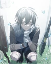 Rule 34 | 1boy, against wall, angry, arknights, black footwear, black hair, black shorts, black vest, bloom, blue butterfly, bug, butterfly, commentary, full body, grass, gun, highres, insect, looking at viewer, male focus, minimalist (arknights), outdoors, pointy ears, shinonoi kekki, short hair, shorts, solo, squatting, vest, weapon, window, yellow eyes