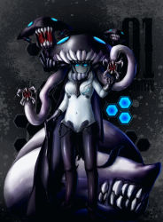 Rule 34 | 1girl, absurdres, abyssal ship, artist name, black background, black cape, black footwear, black gloves, blue eyes, blurry, bodysuit, breasts, cape, closed mouth, colored skin, covered navel, dated, depth of field, gloves, glowing, glowing eyes, hair between eyes, hexagon, highres, kantai collection, looking at viewer, medium breasts, open mouth, sahara misaki, solo, standing, teeth, tentacles, white hair, white skin, wo-class aircraft carrier