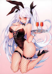 Rule 34 | 1girl, absurdres, animal ears, azur lane, black ribbon, bow, bowtie, breasts, cleavage, cross, cross earrings, cup, detached collar, drink, drinking glass, earrings, fake animal ears, fishnet pantyhose, fishnets, frilled pantyhose, frills, full body, gradient background, hair between eyes, hair ribbon, high heels, highres, holding, holding tray, jewelry, lace-up top, large breasts, legs folded, leotard, long hair, looking at viewer, obiwan, orange eyes, pantyhose, playboy bunny, prinz eugen (azur lane), rabbit ears, rabbit tail, ribbon, scan, silver hair, simple background, solo, tail, thigh strap, tongue, tongue out, tray, two side up, very long hair, white wrist cuffs, wine glass, wrist cuffs