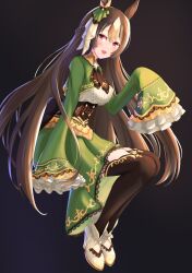 Rule 34 | 1girl, animal ears, ascot, black ascot, black thighhighs, braid, breasts, brown hair, closed mouth, commentary request, dark background, dress, french braid, full body, green dress, hair between eyes, highres, horse ears, horse girl, horse tail, large breasts, multicolored hair, philo 324, satono diamond (umamusume), sleeves past fingers, sleeves past wrists, smile, solo, streaked hair, tail, thighhighs, umamusume, white footwear, white hair
