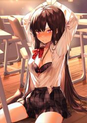 Rule 34 | 1girl, arms behind head, black bra, black hair, black skirt, blush, bow, bow bra, bowtie, bra, breasts, chair, cleavage, clenched teeth, collared shirt, copyright request, cover image, desk, dress shirt, heart, heart-shaped pupils, highres, indoors, long hair, long sleeves, looking at viewer, medium breasts, miniskirt, no shoes, nose blush, novel illustration, official art, on floor, partially unbuttoned, plaid, plaid skirt, purple eyes, red bow, red bowtie, school uniform, shirt, shirt tucked in, sitting, skirt, solo, straight hair, symbol-shaped pupils, tearing up, teeth, textless version, underwear, undone bowtie, v-shaped eyebrows, very long hair, wariza, white shirt, wooden floor, y o u k a