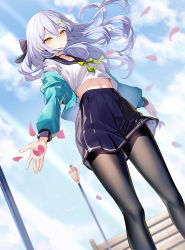 Rule 34 | 1girl, :o, black bow, black pantyhose, black sailor collar, blue jacket, blue skirt, blue sky, bow, breasts, brown eyes, cloud, cloudy sky, commentary request, day, dutch angle, feet out of frame, floating hair, green bow, grey hair, hair between eyes, hair bow, highres, jacket, lamppost, long hair, long sleeves, looking at viewer, midriff peek, navel, open clothes, open jacket, original, outdoors, pantyhose, parted lips, petals, pleated skirt, puffy long sleeves, puffy sleeves, ririko (zhuoyandesailaer), saegusa riko, sailor collar, shirt, skirt, sky, small breasts, solo, standing, white shirt