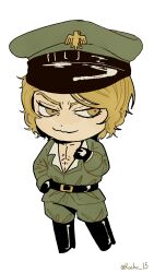 Rule 34 | 1boy, absurdres, belt, blonde hair, chibi, fear &amp; hunger, fear &amp; hunger 2: termina, full body, hat, highres, kocho 15, military hat, military uniform, open clothes, open shirt, pav (fear &amp; funger), peaked cap, pectorals, short hair, smile, solo, twitter username, uniform, white background, yellow eyes