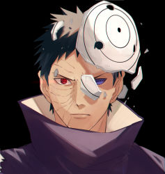 Rule 34 | 1boy, black background, black hair, blue sclera, colored sclera, looking at viewer, male focus, mask, mirin (coene65), naruto (series), naruto shippuuden, portrait, red eyes, rinnegan, scar, sharingan, shattered, simple background, solo, spoilers, uchiha obito