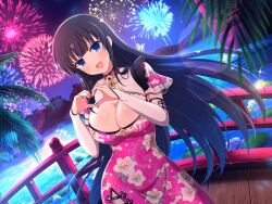 Rule 34 | 1girl, architecture, black hair, blue eyes, blue flower, blunt bangs, blush, breasts, bridal gauntlets, bridge, china dress, chinese clothes, chinese knot, cleavage, cleavage cutout, clothing cutout, dress, east asian architecture, fireworks, floral print, flower, gloves, heart, heart hands, hime cut, ikaruga (senran kagura), lace trim, large breasts, light particles, lily pad, long hair, looking at viewer, lotus, mountain, mountainous horizon, nail polish, night, night sky, ocean, official alternate costume, official art, open mouth, outdoors, palm leaf, pink dress, pink nails, senran kagura, senran kagura new link, senran kagura shoujo-tachi no shin&#039;ei, shiny skin, short sleeves, side slit, sky, smile, solo, sparkle, standing, star (sky), starry sky, tongue, tree, underboob cutout, water, water lily flower, white gloves, wooden bridge, yaegashi nan