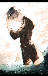 Rule 34 | 1boy, black shirt, black shorts, closed mouth, dutch angle, fate/grand order, fate (series), from side, goggles, goggles on head, green eyes, grey hair, hand on goggles, highres, letterboxed, long bangs, long sleeves, looking at viewer, majamari, male focus, male swimwear, partially submerged, profile, rash guard, sherlock holmes (fate), shirt, short hair, shorts, smile, solo, standing, swim trunks, water