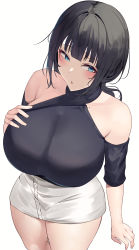 Rule 34 | 1girl, :o, absurdres, asaka karin, bare shoulders, black hair, black shirt, blue eyes, blush, breasts, clothing cutout, collarbone, from above, hand on own chest, highres, huge breasts, love live!, love live! nijigasaki high school idol club, medium hair, mole, mole on collarbone, namazu (yamasonson), open mouth, shirt, short sleeves, shoulder cutout, simple background, skirt, solo, thighs, white background, white skirt