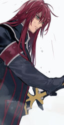 Rule 34 | 1boy, asch (tales), blue eyes, closed mouth, commentary request, holding, holding sword, holding weapon, long hair, male focus, meiji (pecosyr5), rain, red hair, sheath, sheathed, simple background, sword, tales of (series), tales of the abyss, weapon, wet, wet hair, white background