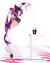 Rule 34 | 1girl, breasts, capcom, chaps, cleavage, cofffee, cup ramen, decantering, drill hair, flexible, from side, gloves, han juri, highres, kettle, leg up, pouring, solo, split, standing, standing on one leg, standing split, steam, stirrup legwear, stomach, street fighter, street fighter iv (series), tiptoes, toeless legwear, toes, toned, twin drills, water