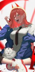 Rule 34 | 1girl, absurdres, blood, cat, chainsaw man, highres, indian style, licking, long hair, looking at viewer, meowy (chainsaw man), mishiro (ixtlolton), necktie, pink hair, power (chainsaw man), sharp teeth, shirt, sitting, teeth, white shirt, yellow eyes
