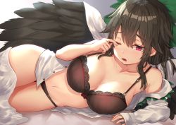 Rule 34 | 1girl, arm support, bare shoulders, black bra, black hair, black panties, black wings, blanket, blush, bow, bow panties, bra, breasts, cape, cleavage, collarbone, commentary request, drooling, feathered wings, gradient background, green bow, grey background, hair between eyes, hair bow, highres, large breasts, long hair, long sleeves, navel, no pants, off shoulder, one eye closed, open clothes, open mouth, open shirt, panties, red eyes, reiuji utsuho, shirt, sidelocks, sleeves past wrists, solo, stomach, thighs, touhou, underwear, white background, white cape, white shirt, wings, wowoguni