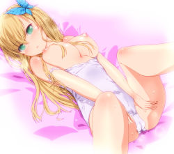 Rule 34 | 10s, 1girl, blonde hair, blush, boku wa tomodachi ga sukunai, breasts, breasts out, bug, butterfly, butterfly hair ornament, cameltoe, cleft of venus, clothes pull, green eyes, hair ornament, insect, kashiwazaki sena, large breasts, long hair, looking at viewer, lying, mine (peak), nipples, one-piece swimsuit, one-piece swimsuit pull, open mouth, puffy nipples, solo, swimsuit, wet