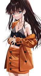 Rule 34 | 1girl, bare shoulders, black camisole, blue eyes, breasts, brown hair, brown jacket, brown skirt, camisole, cleavage, collarbone, elisia valfelto, eyebrows hidden by hair, hair between eyes, hair intakes, highres, jacket, long hair, long sleeves, looking at viewer, luicent, midriff, nail polish, navel, off shoulder, open clothes, open jacket, orange nails, original, own hands together, pencil skirt, simple background, skirt, sleeves past wrists, small breasts, solo, standing, very long hair, white background
