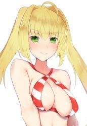 Rule 34 | 1girl, ahoge, alternate hairstyle, bad id, bad pixiv id, bikini, blonde hair, blush, breasts, covered erect nipples, fate/grand order, fate (series), green eyes, grin, hair intakes, halterneck, highres, large breasts, long hair, looking at viewer, mitsuba (watergarden), nero claudius (fate), nero claudius (fate) (all), nero claudius (swimsuit) (fate), nero claudius (swimsuit caster) (fate), simple background, smile, solo, striped bikini, striped clothes, swimsuit, twintails, upper body, white background