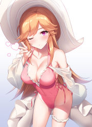 Rule 34 | 1girl, azur lane, blonde hair, blush, breasts, cleavage, collarbone, cross-laced clothes, cross-laced one-piece swimsuit, hand on back, hat, large breasts, leaning forward, long hair, looking at viewer, nekomori caburi, one-piece swimsuit, one eye closed, purple eyes, red one-piece swimsuit, richelieu (azur lane), richelieu (fleuron of the waves) (azur lane), solo, strap, sun hat, swimsuit, thigh strap, thighs, v, white background, white hat
