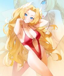 Rule 34 | 1girl, absurdres, big hair, blonde hair, blue eyes, breasts, character request, cleats, hair flip, hair tuft, head tilt, highres, hymin, long hair, medium breasts, narrow waist, navel, one-piece swimsuit, original, plunging neckline, red one-piece swimsuit, revealing clothes, solo, spaghetti strap, swimsuit, very long hair, zoom layer