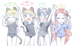 Rule 34 | &gt; &lt;, 4girls, :d, animal ears, aris (blue archive), bad id, bad twitter id, black hair, black panties, black shirt, blonde hair, blue archive, blue eyes, blue jacket, brown hair, cat ears, cat tail, chibi, closed eyes, closed mouth, flying sweatdrops, halo, hand on own hip, hand up, highres, jacket, kumanomi, long hair, long sleeves, mechanical ears, mechanical tail, midori (blue archive), momoi (blue archive), multiple girls, open mouth, panties, pointing, pointing up, shirt, short sleeves, smile, standing, tail, track jacket, twintails, underwear, very long hair, yuzu (blue archive)