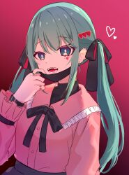 Rule 34 | 1girl, absurdres, alnana, aqua eyes, aqua hair, bandaid, bandaid on neck, barbell piercing, black mask, black ribbon, blush, commentary, detached wings, double-parted bangs, ear piercing, earrings, facial mark, fangs, hair ornament, hair ribbon, hatsune miku, heart, heart facial mark, heart hair ornament, highres, industrial piercing, jewelry, jirai kei, long hair, long sleeves, looking at viewer, mask, mask pull, mouth mask, open mouth, piercing, pink shirt, red background, ribbon, ring, shirt, sidelocks, simple background, solo, twintails, vampire, vampire (vocaloid), vocaloid, wings