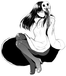 Rule 34 | 1girl, biomega, closed mouth, greyscale, high heels, highres, long hair, looking at viewer, mask, mechanical arms, monochrome, nyaldee, sakuma tsukasa, simple background, single mechanical arm, smile, solo, white background