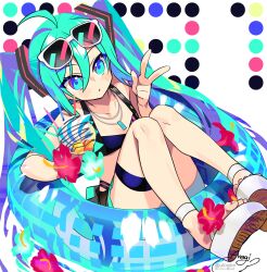 Rule 34 | 1girl, ahoge, bare shoulders, black skirt, blue eyes, blue hair, blush, breasts, closed mouth, collarbone, commentary request, english text, eyewear on head, flower, food, hair between eyes, hand up, hatsune miku, highres, innertube, long hair, looking at viewer, multicolored hair, negi (ulog&#039;be), pleated skirt, pocky, red flower, sandals, shoe soles, signature, simple background, sitting, skirt, small breasts, solo, sunglasses, swim ring, twintails, twitter username, two-tone hair, v, very long hair, vocaloid, white-framed eyewear, white background, white footwear