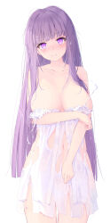 Rule 34 | 1girl, absurdres, bare arms, bare shoulders, blush, breasts, cleavage, daidai (daidai826), fern (sousou no frieren), highres, large breasts, looking at viewer, navel, pout, purple eyes, purple hair, simple background, solo, sousou no frieren, thighs, torn clothes, white background