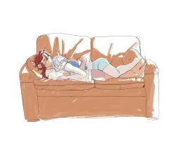 Rule 34 | 2girls, bare arms, blue pants, blue shirt, commentary request, couch, cuddling, gundam, gundam suisei no majo, highres, korean commentary, long hair, lying, miorine rembran, multiple girls, on back, on couch, on stomach, pants, red hair, rocgeun, shirt, short sleeves, simple background, sleeveless, sleeveless shirt, suletta mercury, thick eyebrows, white background, white hair, white shirt, yuri