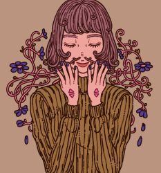 Rule 34 | 1girl, blue flower, blue nails, brown background, closed eyes, facing viewer, flower, green sweater, hands up, highres, muted color, nail polish, original, plant, purple hair, short hair, simple background, solo, sweater, upper body, yuusei tsukiro
