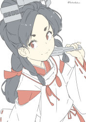 Rule 34 | 1girl, black hair, folding fan, hair tie, hand fan, high ponytail, japanese clothes, kantai collection, kariginu, long hair, looking at viewer, miko, multi-tied hair, ninimo nimo, nisshin (kancolle), red eyes, red ribbon, ribbon, ribbon-trimmed sleeves, ribbon trim, short eyebrows, simple background, solo, thick eyebrows, upper body, very long hair, white background
