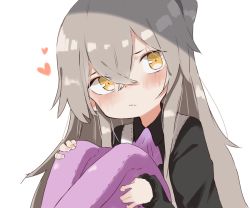 Rule 34 | 1girl, black shirt, blush, closed mouth, commentary, eyebrows hidden by hair, girls&#039; frontline, grey hair, hair between eyes, heart, long hair, long sleeves, looking at viewer, official alternate costume, one side up, shirt, simple background, sleeves past wrists, solo, stuffed animal, stuffed rabbit, stuffed toy, tosyeo, ump45 (agent lop rabbit) (girls&#039; frontline), ump45 (girls&#039; frontline), upper body, white background, yellow eyes