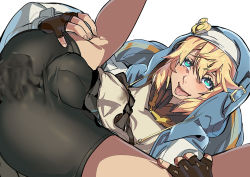 Rule 34 | 1boy, anal, anal object insertion, ass, bike shorts, black gloves, black skirt, blonde hair, blush, bridget (guilty gear), butt crack, covered penis, covered testicles, fingerless gloves, gloves, green eyes, guilty gear, guilty gear strive, habit, hair between eyes, hood, hood up, hooded jacket, hoodie, jacket, leg hold, long sleeves, male focus, male penetrated, miniskirt, object insertion, open mouth, pleated skirt, rolling eyes, sex toy, skirt, smile, solo, spread legs, testicles, tongue, tongue out, toranpo rintarou, trap, upskirt, vibrator, vibrator under clothes, white background