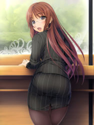Rule 34 | 1girl, ass, blush, brown eyes, brown hair, formal, glasses, highres, ishii akira, long hair, looking back, office lady, open mouth, original, pantyhose, pantylines, pencil skirt, pinstripe pattern, skirt, skirt suit, smile, solo, suit, tight clothes