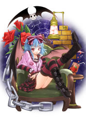 Rule 34 | 1girl, alternate costume, bad id, bad pixiv id, bat wings, boots, bow, chain, chair, checkered clothes, checkered skirt, contemporary, female focus, flower, fujishima shinnosuke, hair bow, jacket, lamp, no headwear, red eyes, remilia scarlet, rose, sitting, skirt, solo, striped clothes, striped thighhighs, thighhighs, tomato, tongue, tongue out, touhou, wings