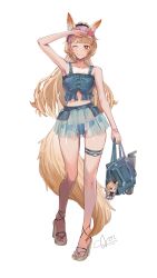 Rule 34 | 1girl, ;), alternate costume, animal ear fluff, animal ears, arknights, arm up, armpits, bag, bag charm, bare arms, bare legs, bare shoulders, bikini, bikini under clothes, blemishine (arknights), blue bikini, blue skirt, blunt bangs, blush, bottle, brown hair, casual, charm (object), closed mouth, collarbone, crop top, eyewear on head, full body, highres, holding, holding bag, horse ears, horse girl, horse tail, long hair, looking at viewer, midriff, one eye closed, orange eyes, sandals, see-through, signature, simple background, skirt, sleeveless, slox, smile, solo, sunglasses, swimsuit, tail, thigh strap, walking, whislash (arknights), white background, wristband