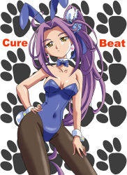Rule 34 | 10s, 1girl, alternate breast size, animal ears, blue leotard, bow, bowtie, character name, cure beat, detached collar, fake animal ears, hands on own hips, kurokawa eren, leotard, long hair, pantyhose, paw print, playboy bunny, precure, purple hair, rabbit ears, rabbit tail, ranpu, seiren (suite precure), side ponytail, suite precure, tail, wrist cuffs, yellow eyes