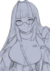 Rule 34 | 1girl, absurdres, adjusting eyewear, bag, blunt bangs, coat, commentary, english commentary, glasses, greyscale, hair intakes, highres, hololive, hololive english, long hair, looking at viewer, monochrome, official alternate costume, ouro kronii, ouro kronii (casual), rakku (rkrmz0n), shoulder bag, sketch, smile, solo, trench coat, turtleneck, upper body, virtual youtuber