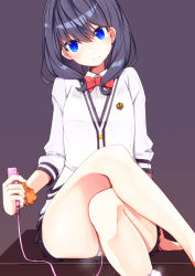 Rule 34 | 10s, 1girl, black skirt, blue eyes, blush, bow, bowtie, controller, crossed legs, female focus, gradient background, gridman universe, hair between eyes, head tilt, highres, holding, jacket, looking at viewer, no panties, nose blush, object insertion, pleated skirt, pon (shind 997), purple background, purple hair, pussy, pussy juice, pussy peek, red bow, red bowtie, remote control, remote control vibrator, school uniform, scrunchie, sex toy, shirt, simple background, sitting, skirt, solo, ssss.gridman, steam, takarada rikka, upskirt, vaginal, vaginal object insertion, vibrator, vibrator cord, white jacket, white shirt, wrist scrunchie
