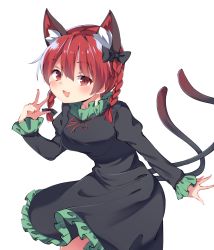 Rule 34 | 1girl, :3, amashi (qcmrq906), animal ears, bad id, bad pixiv id, black bow, black dress, blush, bow, braid, breasts, cat ears, cat tail, commentary request, cowboy shot, dress, fang, frills, hair between eyes, hair bow, juliet sleeves, kaenbyou rin, leaning forward, long sleeves, looking at viewer, medium breasts, multiple tails, neck ribbon, open mouth, puffy sleeves, red eyes, red hair, red ribbon, ribbon, short hair, simple background, smile, solo, standing, tail, touhou, twin braids, twintails, two tails, v, white background