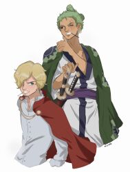 Rule 34 | 2boys, absurdres, blonde hair, blue eyes, cape, chonmage, cigarette, clenched teeth, coat, coat on shoulders, commentary, earrings, eiriseth, english commentary, facial hair, frilled shirt, frills, goatee, green coat, green hair, hair over one eye, highres, japanese clothes, jewelry, kimono, looking to the side, male focus, multiple boys, one piece, purple sash, red cape, roronoa zoro, sanji (one piece), sash, scar, scar across eye, scar on chest, shirt, short hair, simple background, sword, teeth, weapon, white background, white kimono