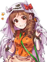 Rule 34 | 1girl, apron, bow, breasts, brown eyes, brown hair, buttons, closed mouth, collared shirt, drill hair, food, food on face, furrowed brow, ghost costume, hair over shoulder, idolmaster, idolmaster cinderella girls, kakitsubata zero, medium breasts, necktie, ohara michiru, orange necktie, orange vest, red bow, shirt, short sleeves, side drill, simple background, solo, star (symbol), striped clothes, striped shirt, upper body, vertical-striped clothes, vertical-striped shirt, vest, waist apron, white background, wrist cuffs