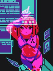 Rule 34 | 1girl, animated, animated gif, black background, from above, gloves, lynte, midriff, original, pink hair, pixel art, purple eyes, short hair, solo